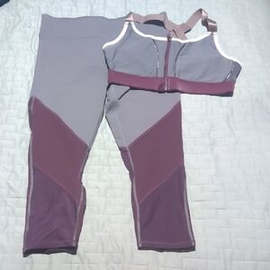 Fabletics Purple and Gray Colourblock Capri Leggings And Sports Bra